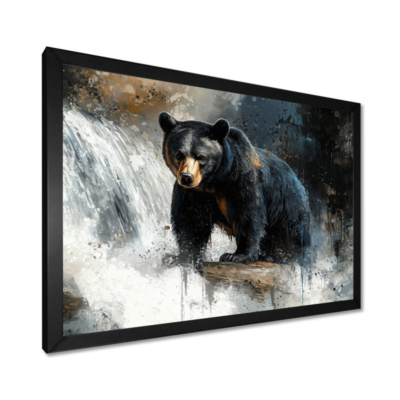 Ours à la cascade Edge II - ours, décoration murale, H 16 po x l 32 po, Cadre simple, Noir