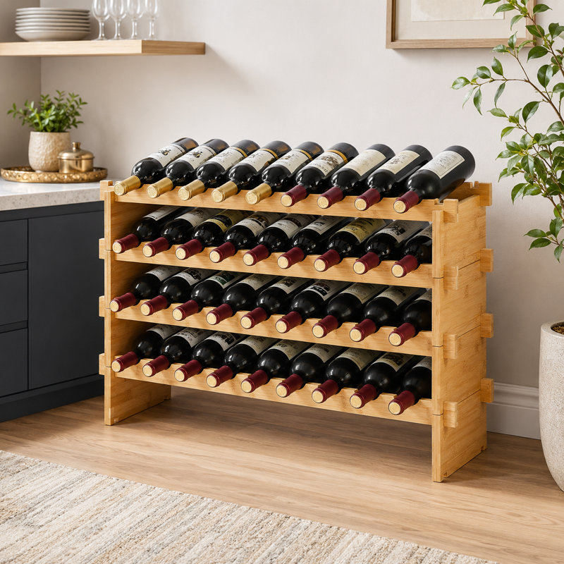 four-layer bamboo wood combinable wine display rack stackable holds thirty-six wine bottles
