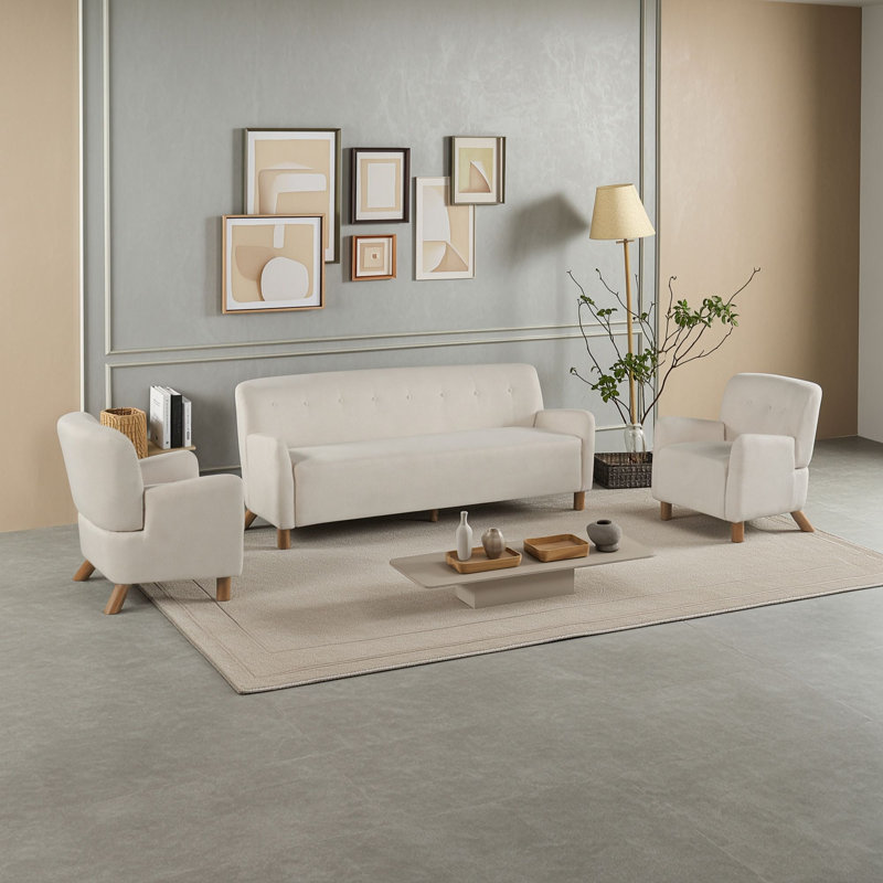 Ensemble de salon 3 pièces, canapé recouvert de lin et 2 fauteuils avec dossier capitonné, pieds en bois d'hévéa, Beige