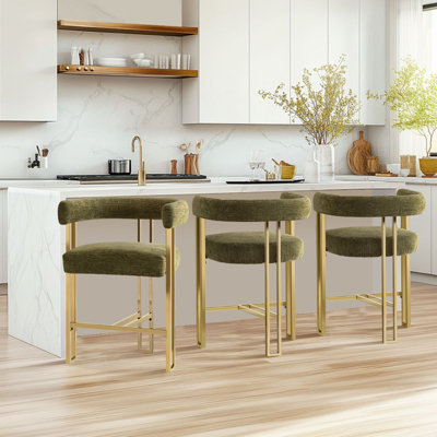 25" Upholstered Gold Chenille Arm Counter Stool (Set Of 3)