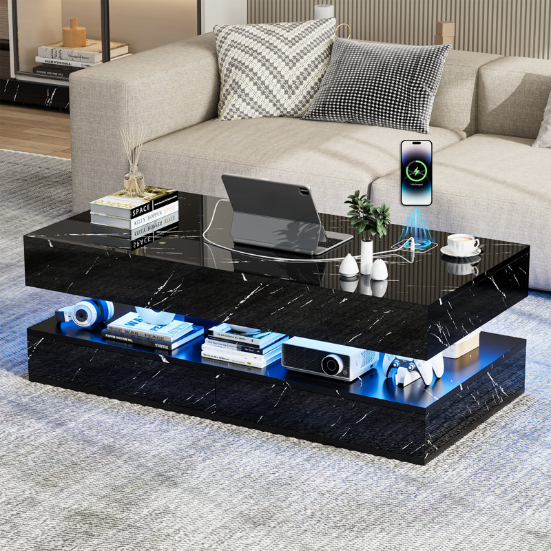 Table basse moderne ultrabrillante avec 2 tiroirs coulissants, lumières DEL de 16 couleurs, charge sans fil et haut-parleur intégré, grande table basse DEL brillante de 47 pouces