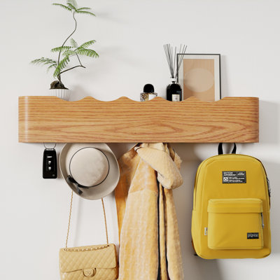Modern Wood Wall Mounted Coat Rack with Hidden Hooks and Entryway Hanging Shelf for Bedroom, Kitchen, Hallway, and Bathroom