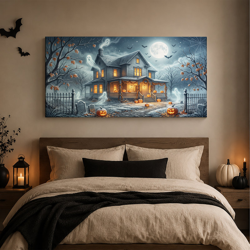 Art mural sur toile, "Maison hantée avec citrouilles et fantômes", L 46 po x H 24 po