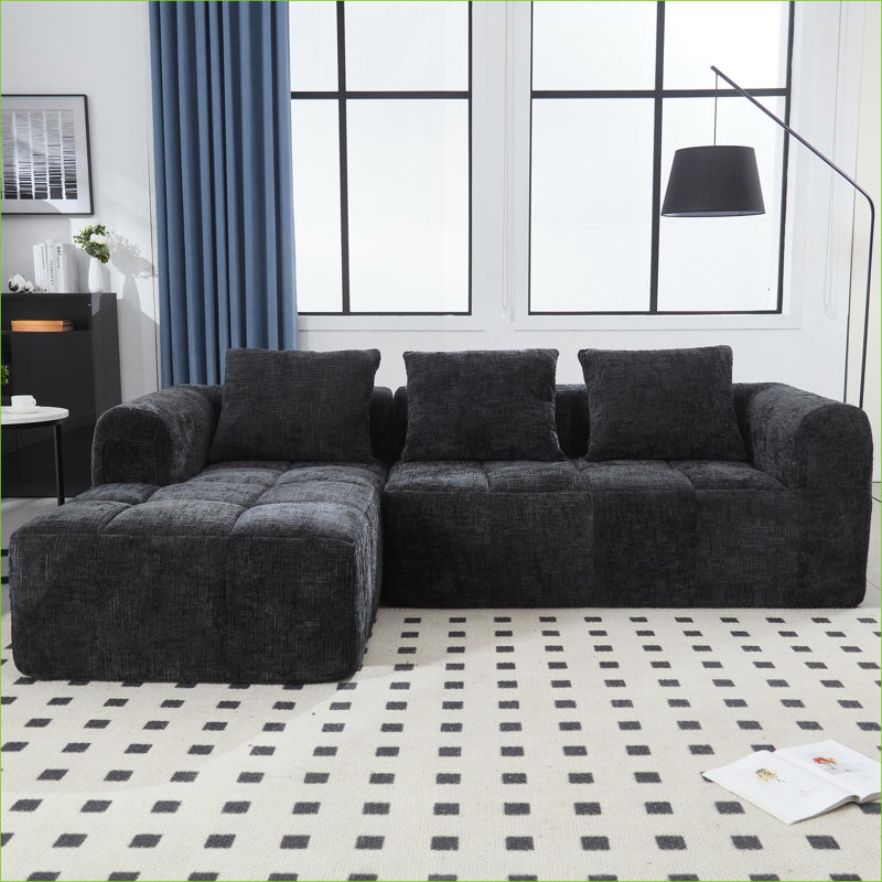 Canapé modulaire, canapé en L 98,42 pouces avec méridienne pour salon | Chenille | Standard, Noir