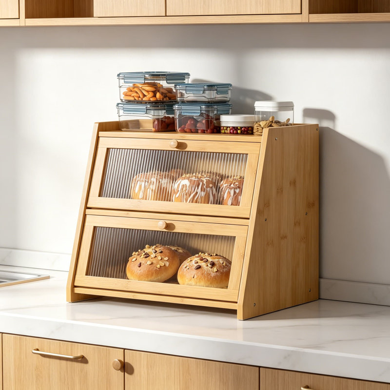 Large Bread Box for Kitchen Counter with Cutting Board, 2-Tier Bamboo Bread Storage Bin with Acrylic Wavy Door Panel
