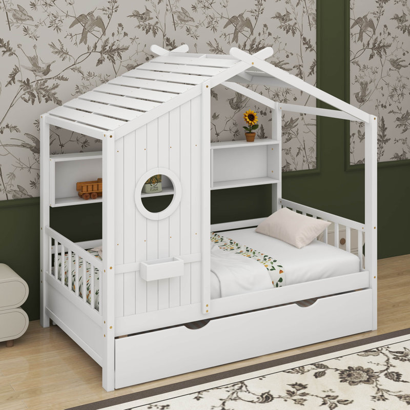 Lit simple en bois avec lit gigogne et tablette de rangement, Blanc