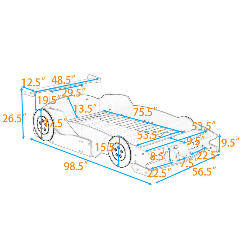 Lit plateforme avec roulettes Race, Double, Bleu