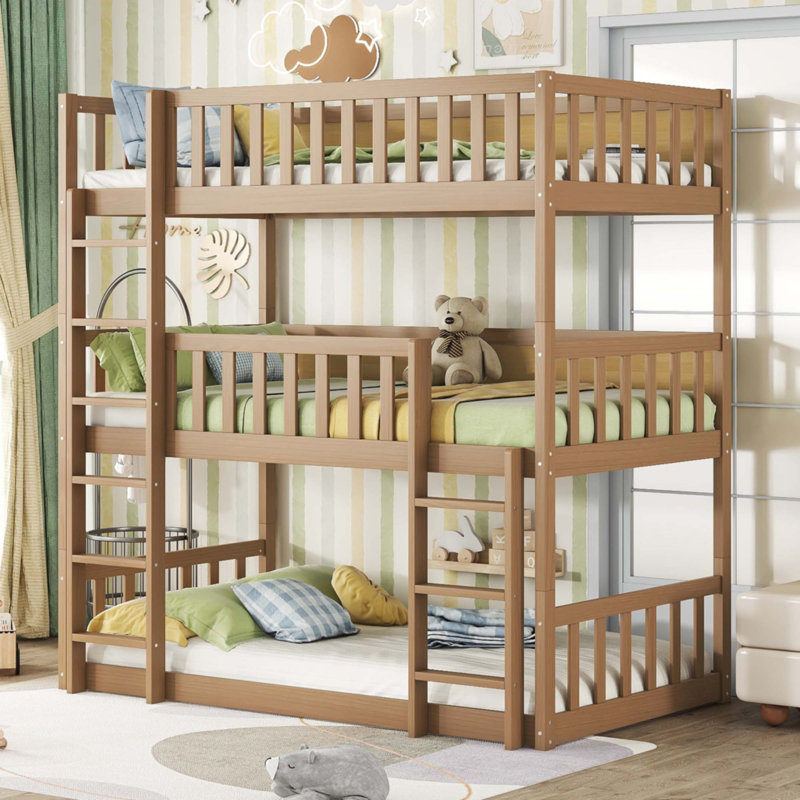 Twin Size Triple Rubber Wood Bunk Bed, Oak
