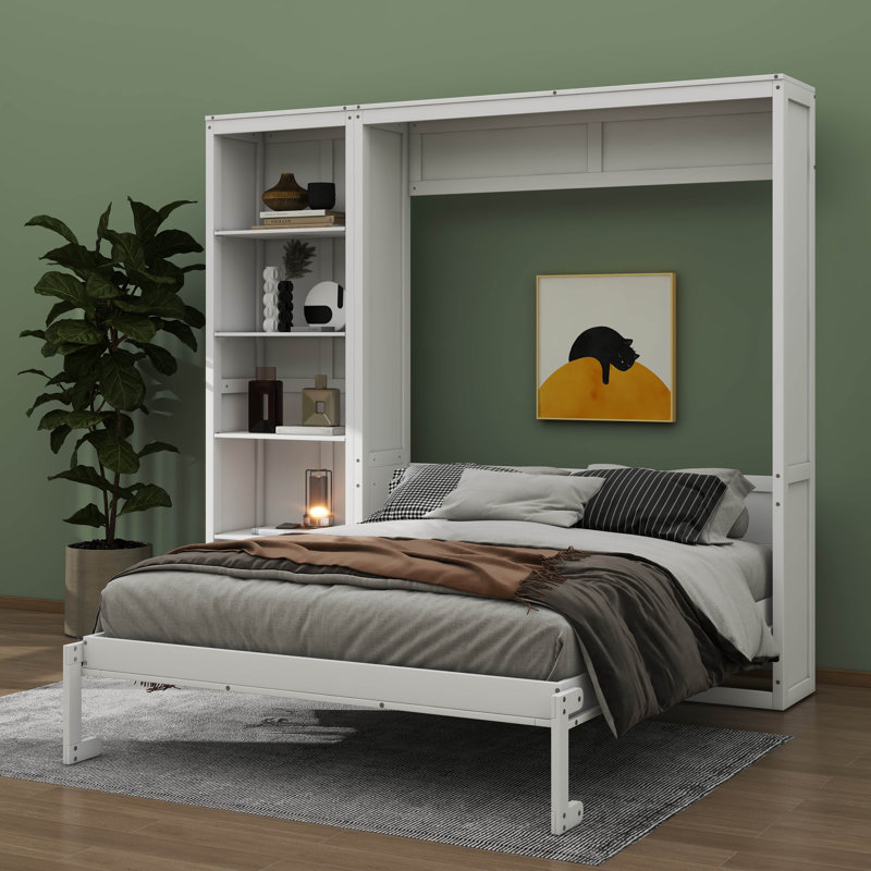 Lit escamotable mural polyvalent avec tablettes intégrées, Lit double, Blanc