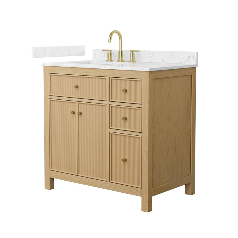 Pendry 36" Freestanding Single Bathroom Vanity with Top, Tanned Oak, Brushed Nickel, Carrara Cultured Marble