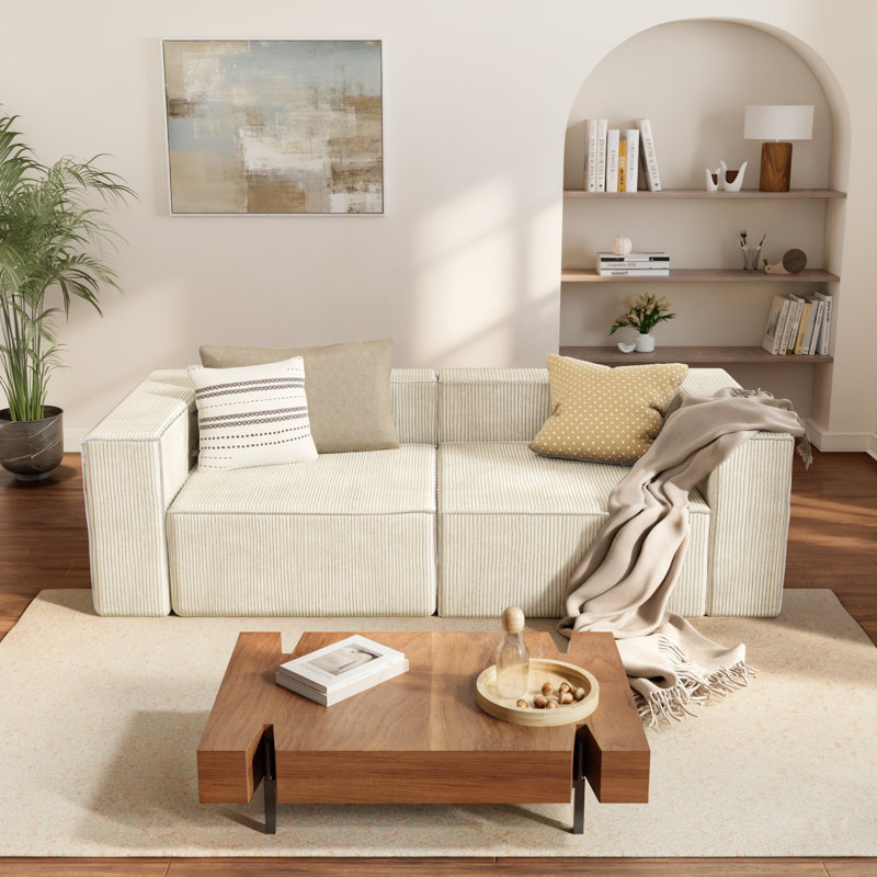 39" Luxury Corduroy Right Armrest Compression Module Sofa Couch, Beige, Yes