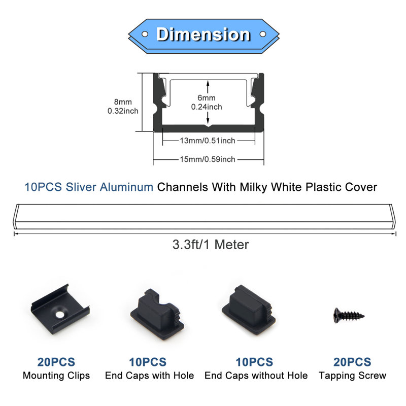 Canal de lumière en aluminium VST 3,3 pi en forme de U (avec couvercle), paquet de 10, Argent argent