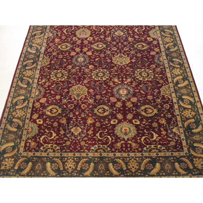 Oriental Hand-Knotted Wool Burgundy/Green/Ivory Area Rug, Rectangle 8'1" x 10'1"