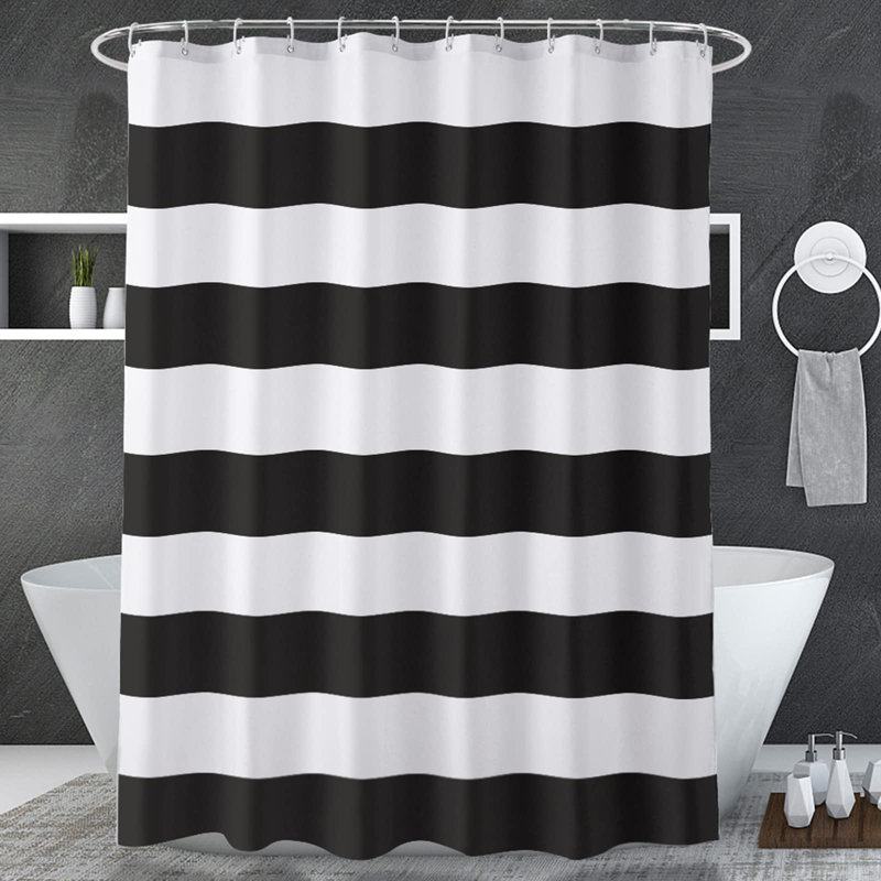 Rideau de douche noir à rayures, l 72 po x H 72 po, noir et blanc, rideau de douche en tissu pour la salle de bain, avec 2 pierres lourdes