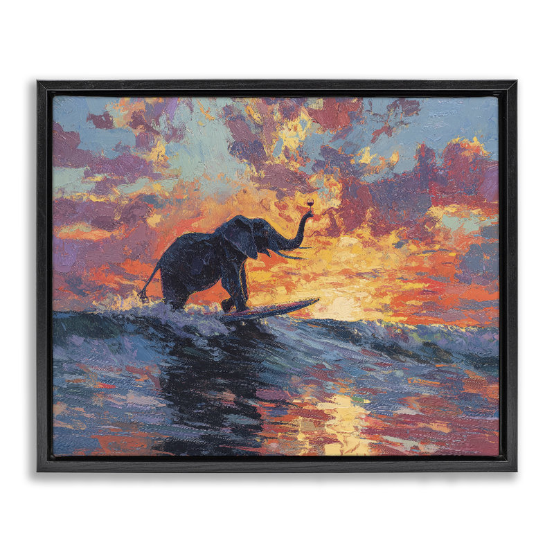 Cadre flottant Sunset Surf Elephant, design par Ziwei Li, Cadre flottant noir de jais, H 17 po x l 21 po
