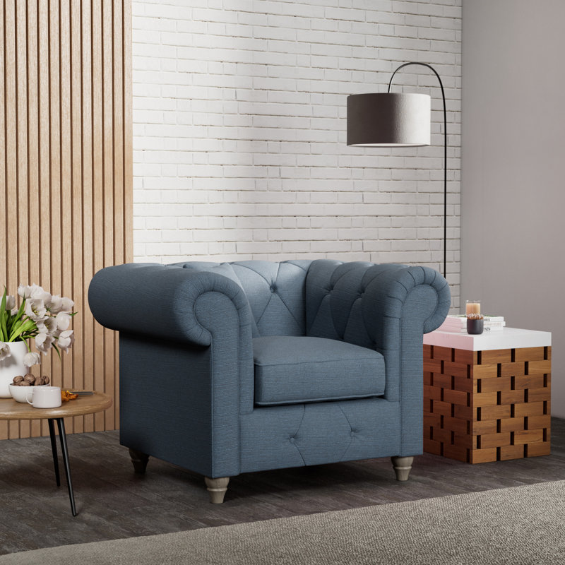 Ellrich Upholstered Armchair, Deep Blue, Washed Oak