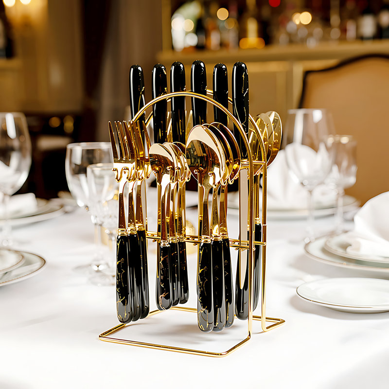 24-Piece Stainless Steel Cutlery Set with Storage Rack, Black/Gold