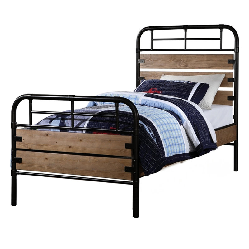 Lit simple à panneau, structure en métal et en bois, sommier tapissier requis, profil bas, configuration à 6 lattes, pin neuf, pli, métal, couleur chêne, 79 po de profondeur, 42 po de largeur, 52 po de hauteur, 71 lb, 10 po