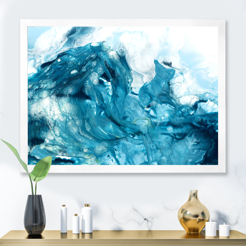 Art turquoise liquide - peinture sur toile, H 24 po x l 32 po, Toile blanche avec cadre d'angle fermé