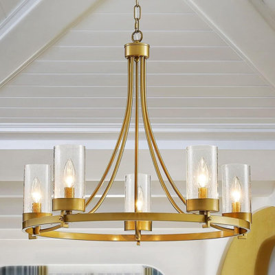 Lustre en roue de chariot à 5 lumières avec abat-jour en verre bullé transparent, luminaire suspendu industriel rustique de style campagnard pour îlot de cuisine de salle à manger, base E12