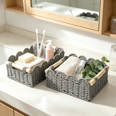 Woven Wicker Storage Basket Set with Handles for Bathroom, Toilet Tank Top, Countertop, Shelves, and Desk Organization, Scalloped Edge Decorative Paper Rope Bins for Home and Office