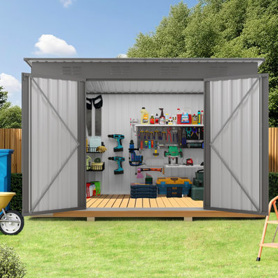 Remise de rangement en métal grise pour l'extérieur 4 x 9 pi avec toit incliné, 6 évents et 2 portes battantes, permettant de garder les articles frais en ordre convenant au garage, à la cour arrière, à la rouille