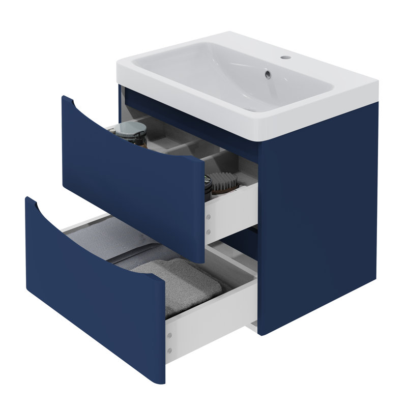 600mm 2 Drawer Wall Hung Vanity Bathroom Cabinet & Basin Set, Blue