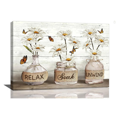 Farmhouse Bathroom Decor Wall Art Rustic Daisy Pictures Canvas Print Country Relax Soak Unwind Bathroom Sign Butterfly Artwork Modern Home Decor Ready To Hang 16"X24"