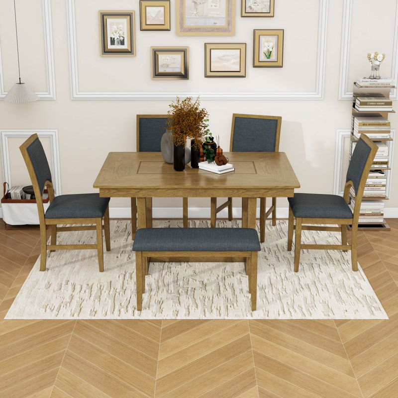 Ensemble de table de salle à manger extensible 6 pièces avec rallonge amovible, 4 chaises rembourrées et banc, Marron clair