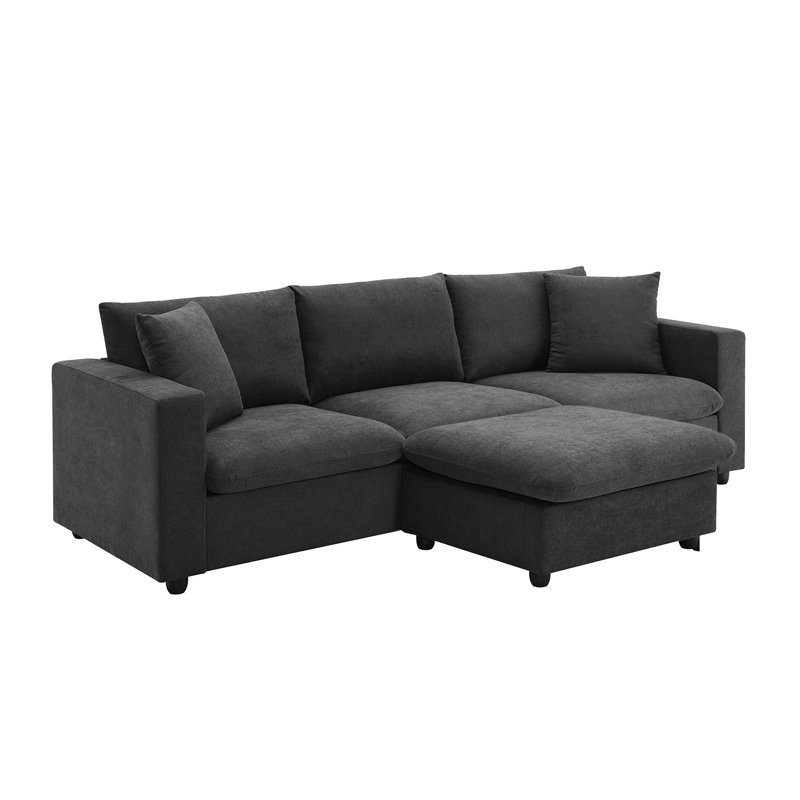 Canapé-lit contemporain en forme de L avec convertible, 4 pièces en tissu pour différentes pièces, fabrication en fer, sièges confortables, capacité de 300 lb, espaces mobiles gris aube, dossier et coussins, poids