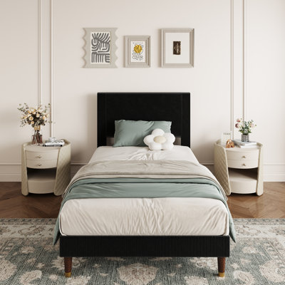 Bed Frame with Headboard, Corduroy Upholstered Platform Bed with Wooden Slats Support