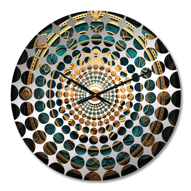 Horloge murale ancienne mandala antique en or et turquoise, Médium