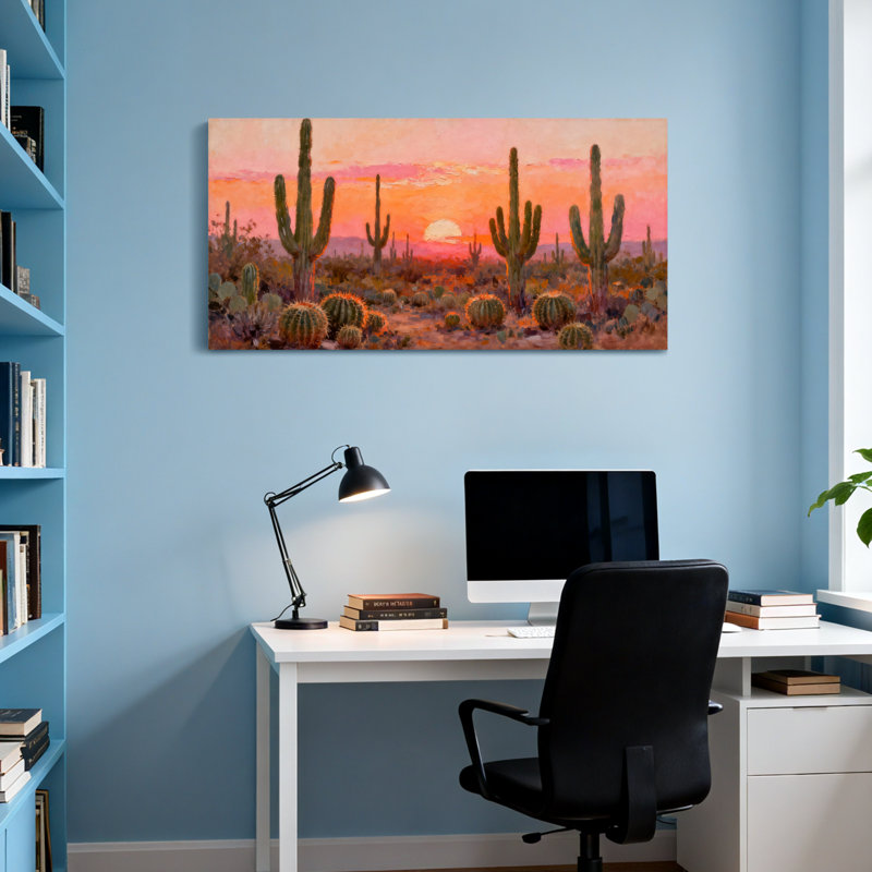 «Plants & Flowers Desert Cactus Sunset Landscape», reproduction d'art, H 24 po x l 48 po