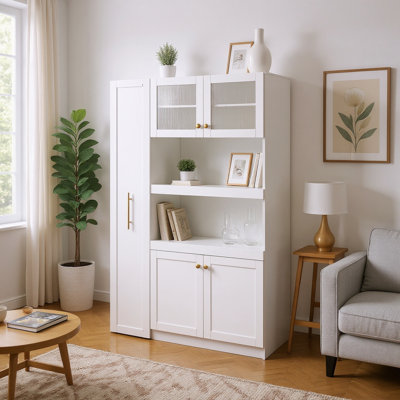 Farmhouse Accent Cabinet with Expandable Pull-Out Organizer, Glass Doors & Multi-Tier Storage
