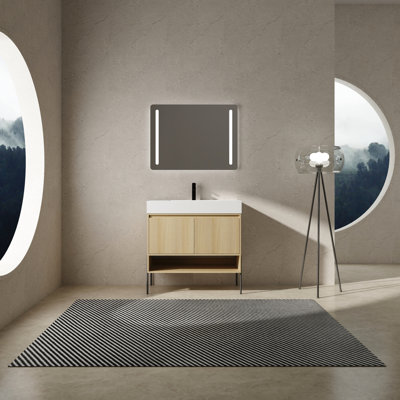 36" Bathroom Vanity With Hygienic Resin Sink And Cabinet Style - Oak Single Basin Versatile Feature 36