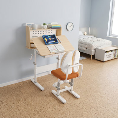 Ensemble bureau et chaise pour enfants, réglable en hauteur, ergonomique, avec plateau inclinable et manivelle, et tiroir de rangement, couleur bois, pour les 3 à 18 ans.