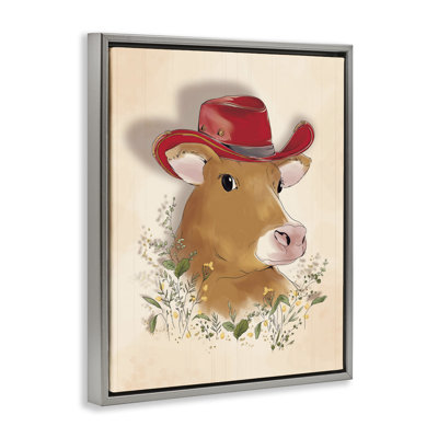 «Cow with Red Cowboy Hat», art mural encadré sur toile flottante par Andrea Jasid Grassi