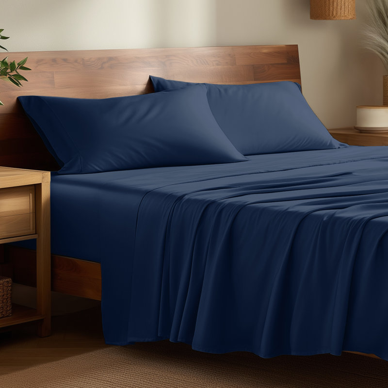Sheet Set - Rayon from Bamboo, Dark Blue, Split Head Flex King Sheet Set with 2 Pillowcases