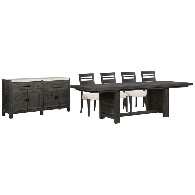 Extendable Trestle Dining Table With 4 Side Chairs And Sideboard, 6 Pieces: Table, 4 Chairs, Sideboard