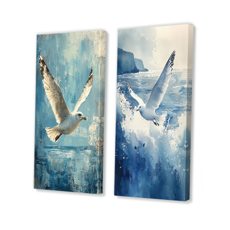 Mouette dans la brise I - animaux, art sur toile 2 panneaux, H 28 po x l 25 po, Toile tendue