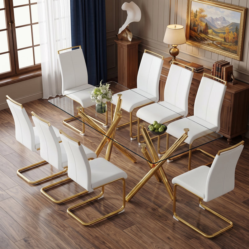 Ensemble de salle à manger rectangulaire moderne en verre avec cadre géométrique et chaises en porte-à-faux, Transparent
