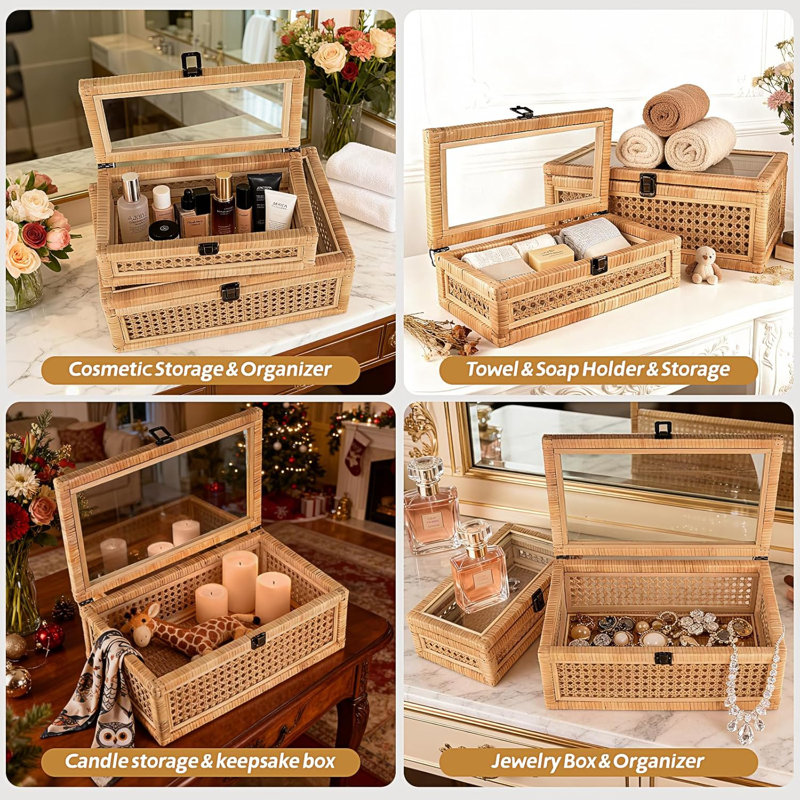 Rattan Decorative Box With Lid, Set Of 2 Natural Woven Storage Baskets - Rectangular Seagrass & Wicker Organizer Bin For Shelf, Tabletop, Boho Home Decor