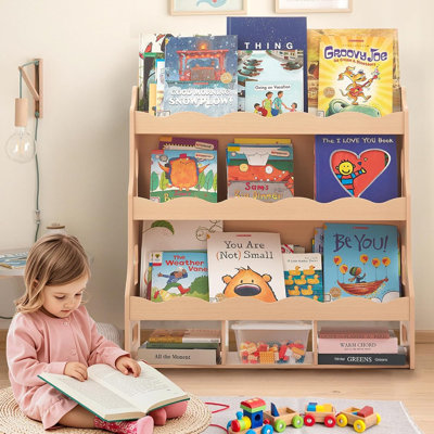 Bibliothèque avec bords festonnés - Bibliothèque durable pour tout-petits avec 3 bacs cubiques pour livres et jouets, idéale pour la chambre de bébé ou la chambre