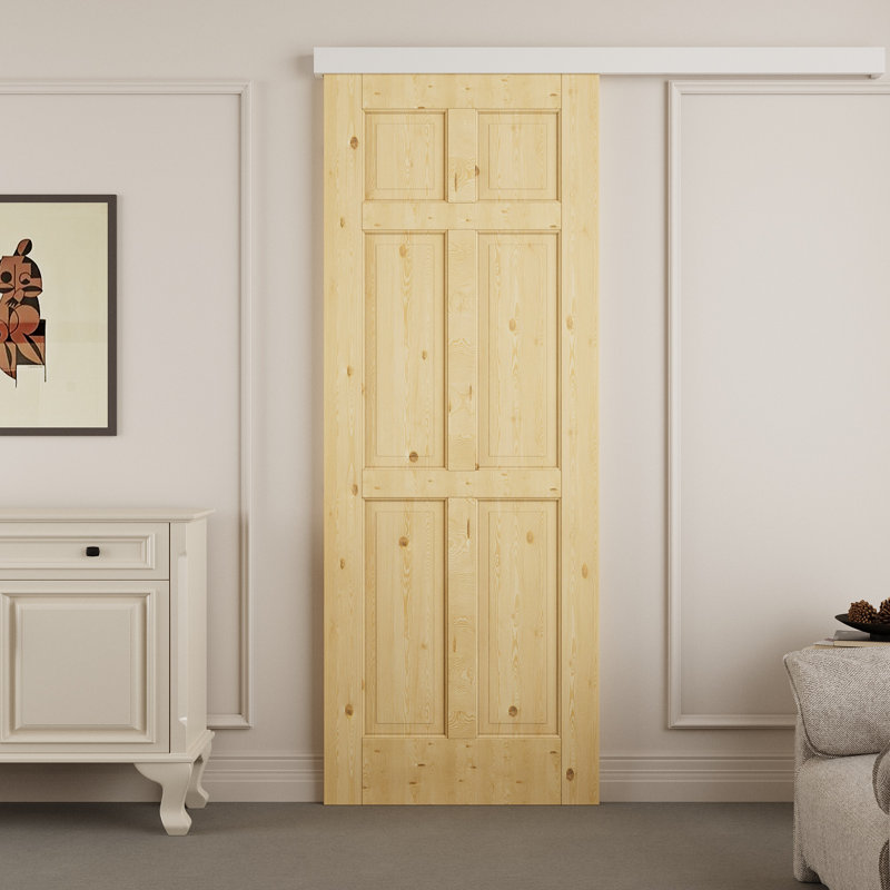 Solid Pine 6-Panel Sliding Barn Door With  Hidden Track & Installation Hardware Kit/No Assembly Required, 32" x 80"