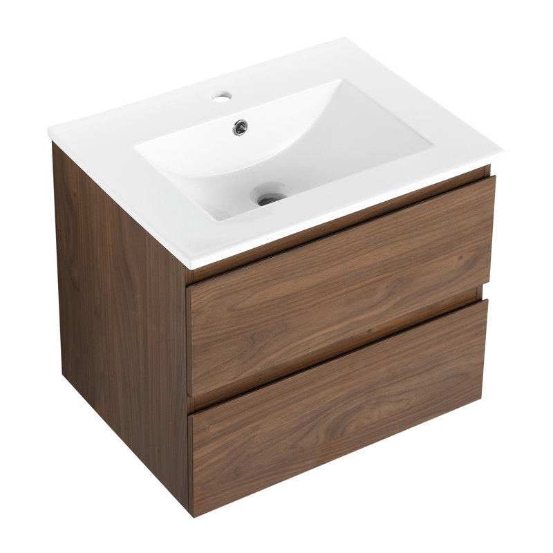 Meuble-lavabo de 24 po avec lavabo en céramique. 2 tiroirs à fermeture en douceur, rénovation. Style moderne, aspect armoire de contreplaqué. Matériau