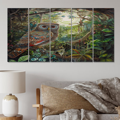 Portrait Of Magical And Wise Owl In The Forest - Animals Owl Canvas Wall Art - 5 Equal Panels