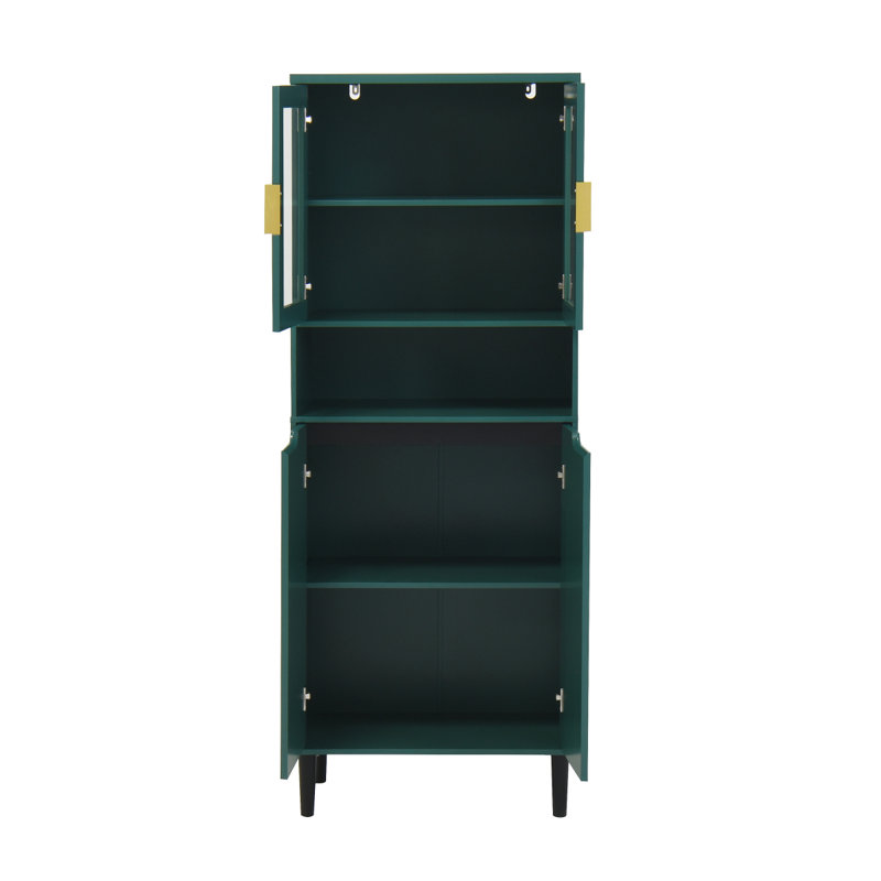 Armoire de rangement haute avec 2 portes vitrées et 2 portes, grande armoire de cuisine avec poignées dorées, Green