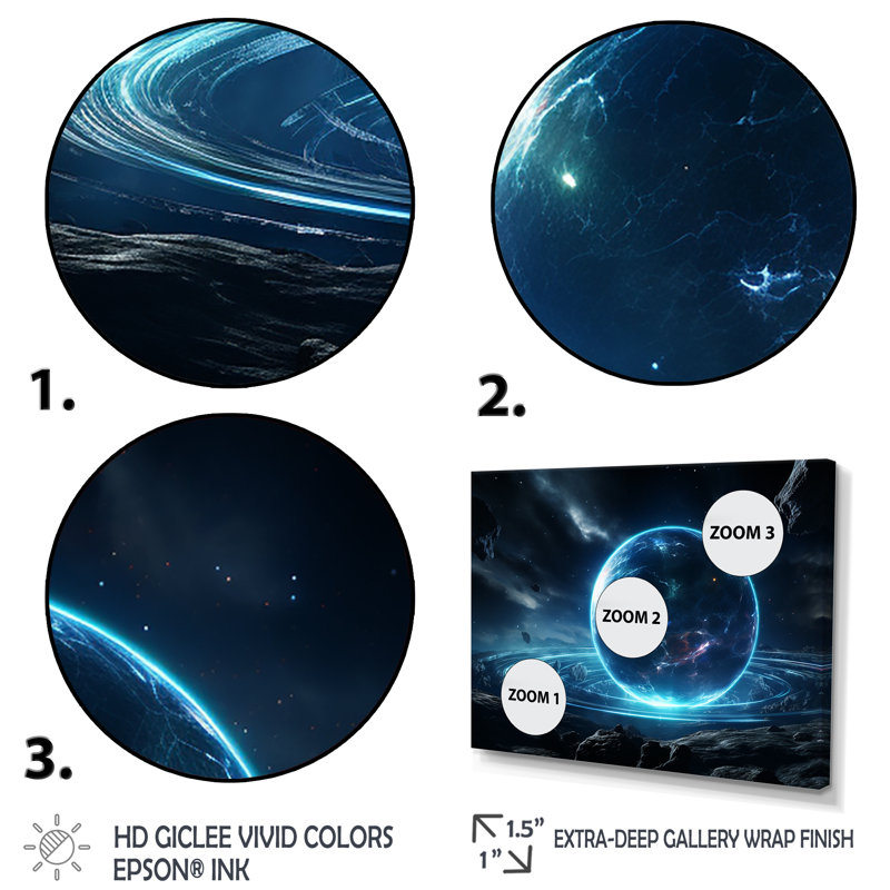 Art mural bleu et noir «Cosmic Plaet I», Cadre flottant doré, H 24 po x l 32 po x P 1 po