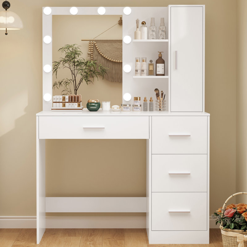 Meuble-lavabo avec miroir, cadeaux de Noël lumineux, bureau de meuble-lavabo avec 4 tiroirs et tablettes ouvertes pour la chambre à coucher, noir