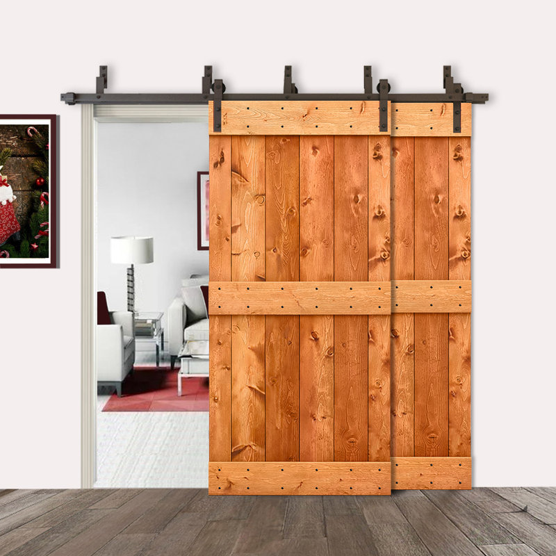Porte de grange double à panneaux en bois teinté à panneau Mid-Bar, Noyer rouge, 88 po x 84 po